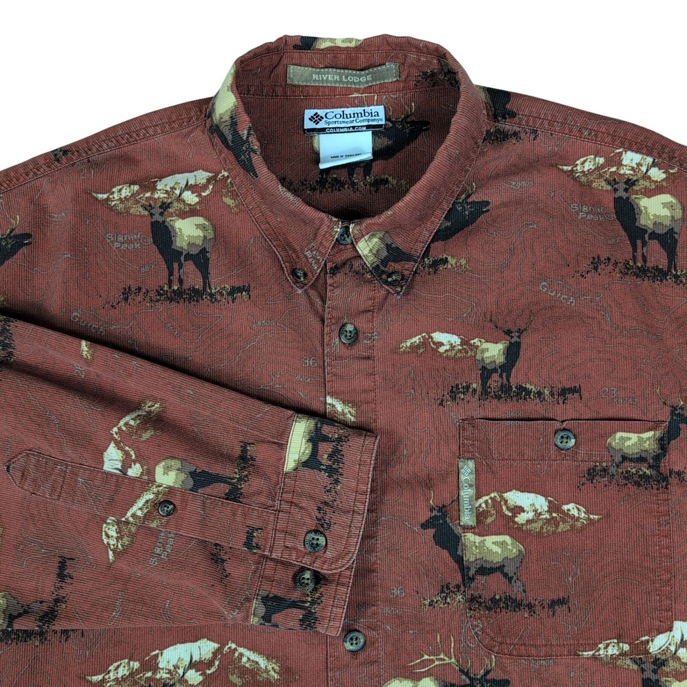 Columbia River Lodge Corduroy Shirt Mens XL Rust Elk Wildlife Print AOP Vintage